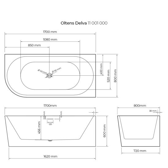 Set cadă de colț Oltens Delva 11001000, capac pentru dop chiuvetă Oltens 09002300