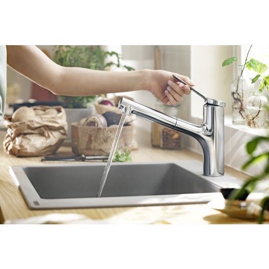 Set chiuveta din otel Hansgrohe S41 43335800, baterie bucătărie Hansgrohe Zesis M33 74800000