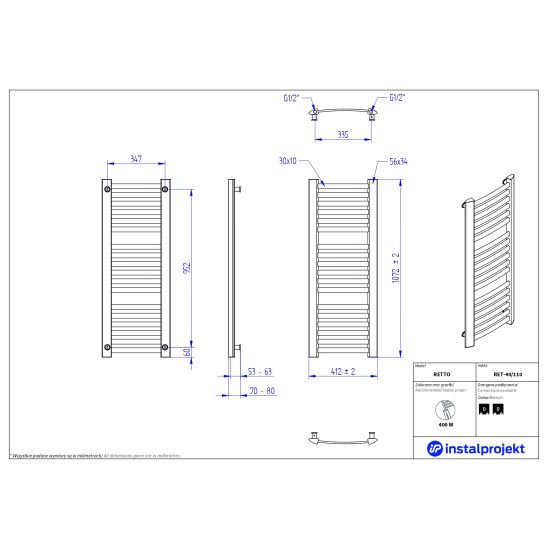 Set calorifer de baie Instal Projekt Retto RET-40/110C12, set termostatic Instal Projekt Z17 606400001C12