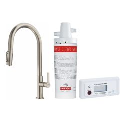 Set baterie bucătărie Franke Maris Slim Clear Water J Pull-Out 120.0736.604, filtru sub chiuvetă Franke Clear Water 133.0284.025