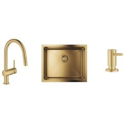 Set chiuveta din otel Grohe K700 31574GN1, baterie bucătărie Grohe Minta 32321GN2, 40535GN0